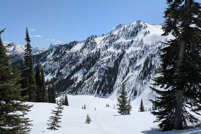 Looking toward Lake Ann from Heather Pass under deep April snow