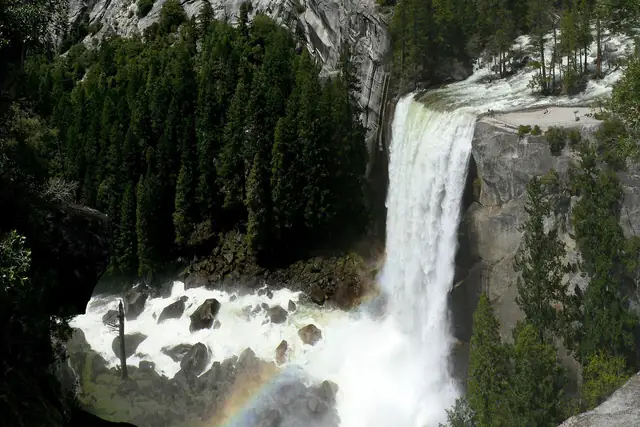 Vernal Fall in full May flow, with a rainbow over the plunge pool