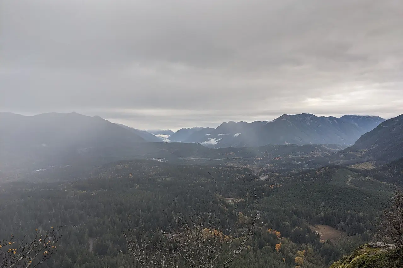 Rain moving up the valley below Rattlesnake Ledge in late October