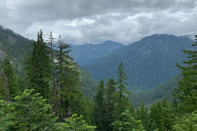 Looking down the valley from the Snow Lake trail in July