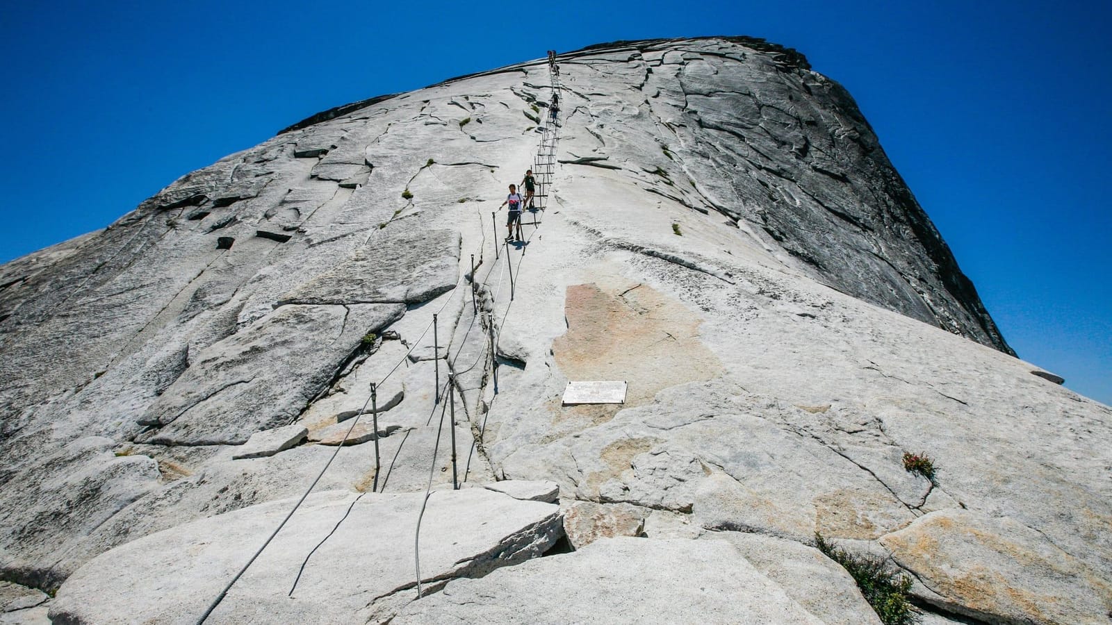 Hikers ascending the steel cables up the bare granite shoulder of Half Dome