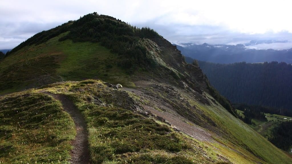 A footpath running along the grassy crest of Skyline Divide toward a rounded knoll under low cloud